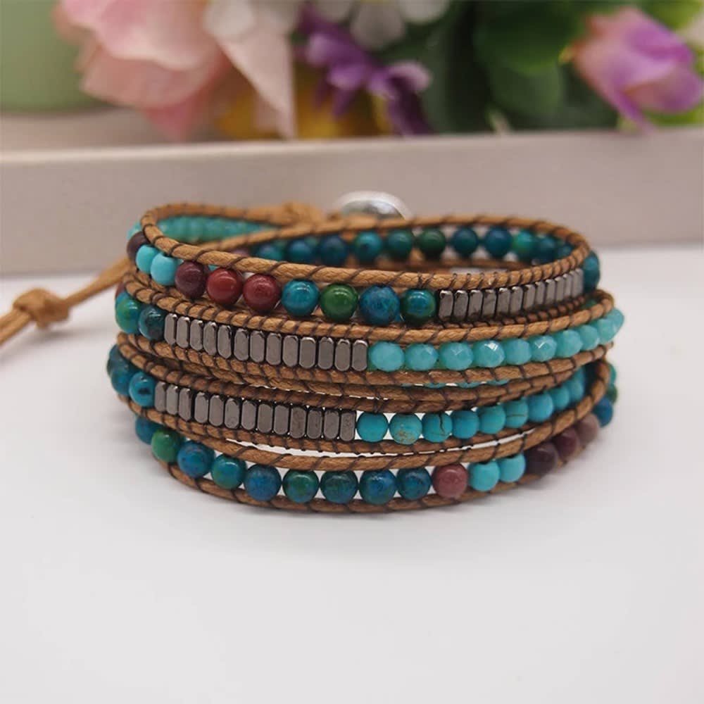 Boho Style Natural Stone Beadwork Wrap Bracelet on Brown Cord with Tree of Life Button